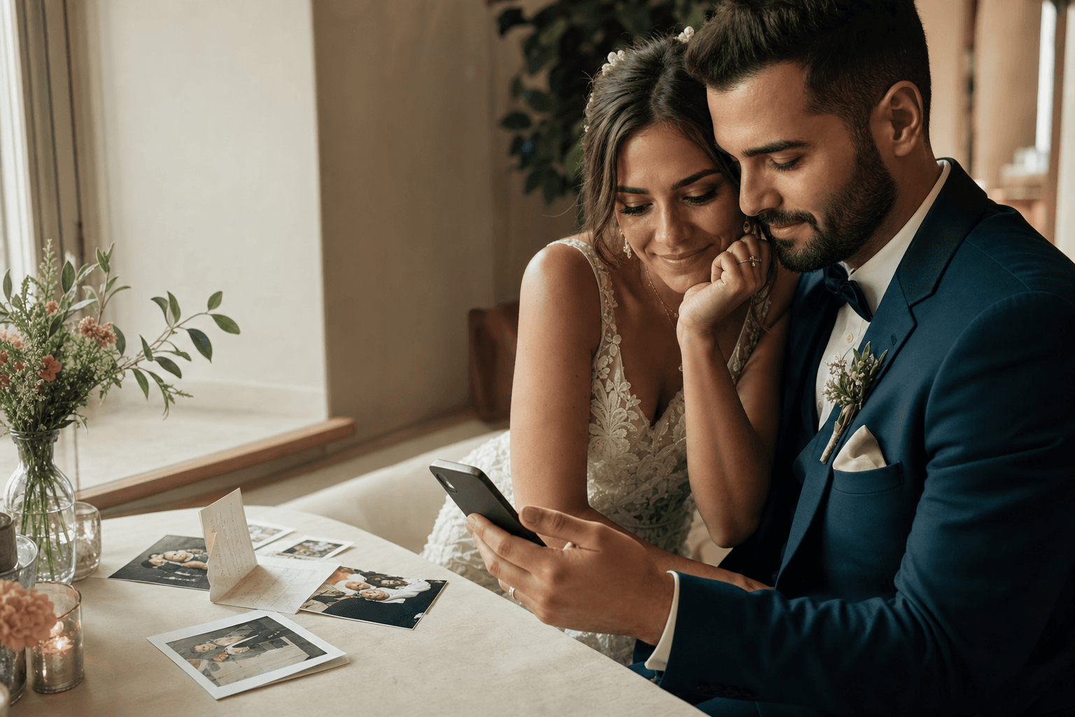 Newlyweds listening together to a personalized wedding song gift on a phone